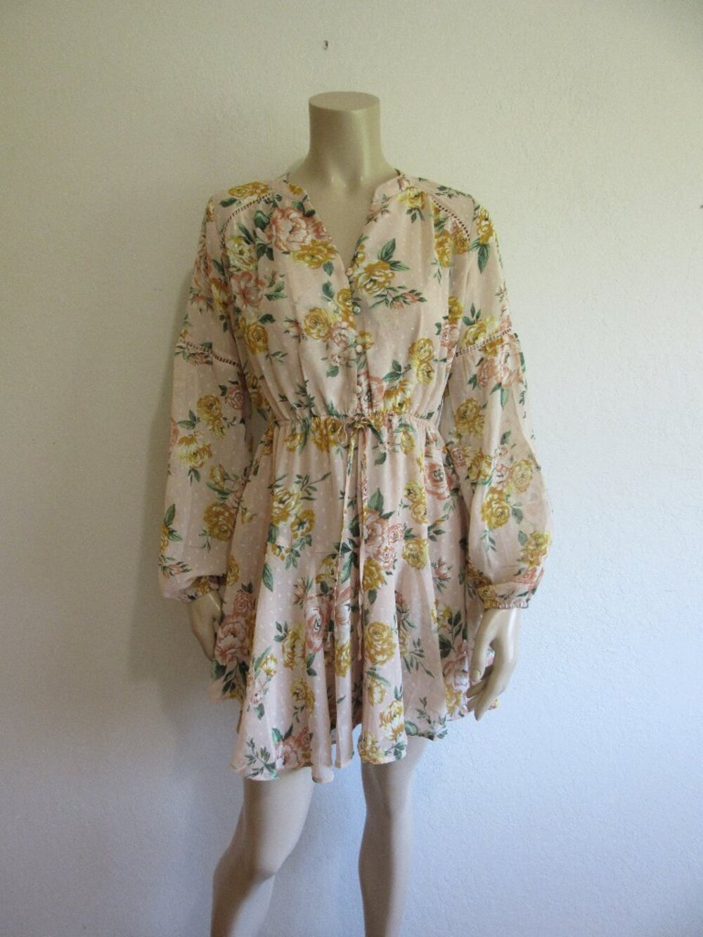 blu pepper Cream Floral Pattern M Asymmetrical Sheer Slip Mini Dress NWT